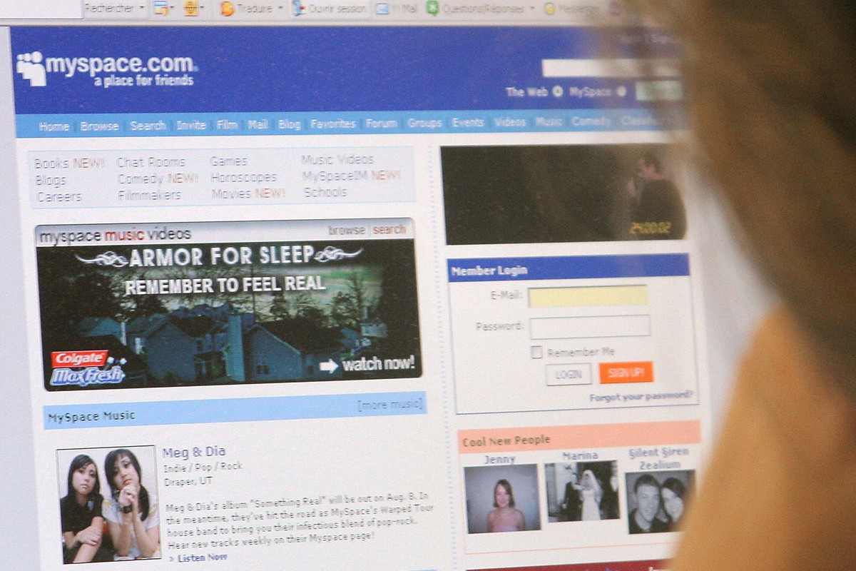 Myspace homepage open on a browser window. The page design is blocky and graphic.