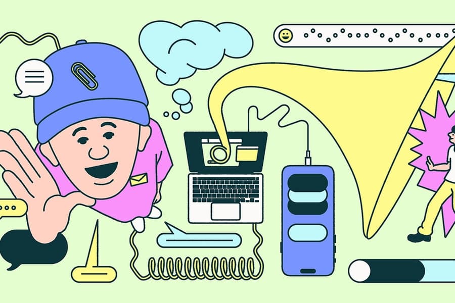 A busy composition showing the connectedness of individuals, to their devices, to one another. Illustration.