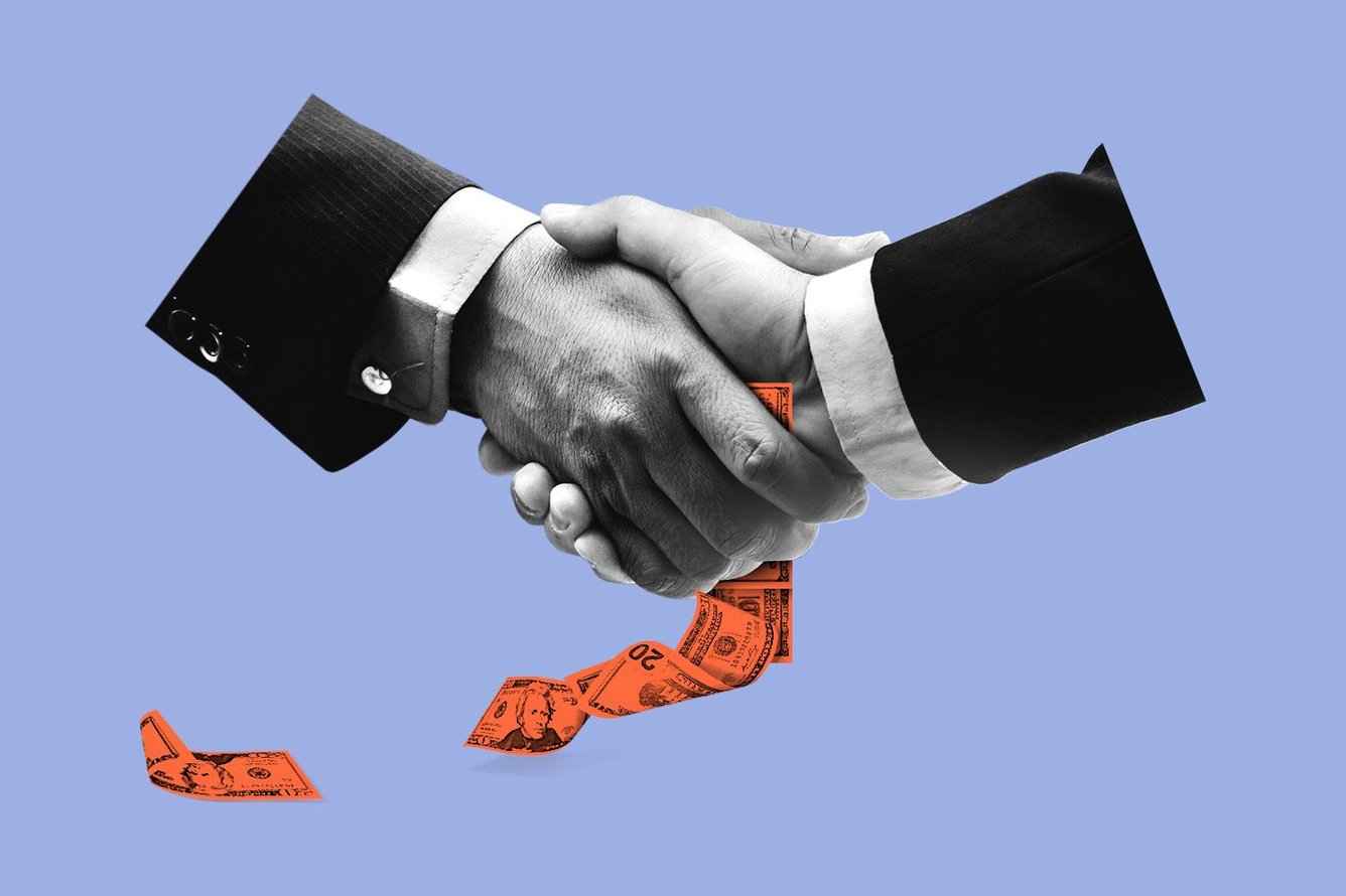 Two business hands shaking with money in between falling out. (Credit: Illustration: Anna Kim, Photos: Adobe Stock)
